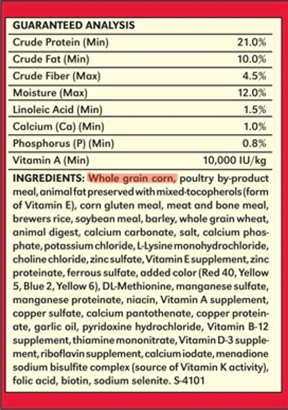Pet ingredients listing Whole grain corn as the first and highlighted ingredient