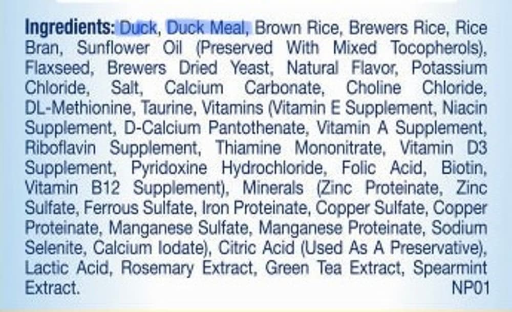 dog food listing Duck and Duck Meal as the first and highlighted ingredients